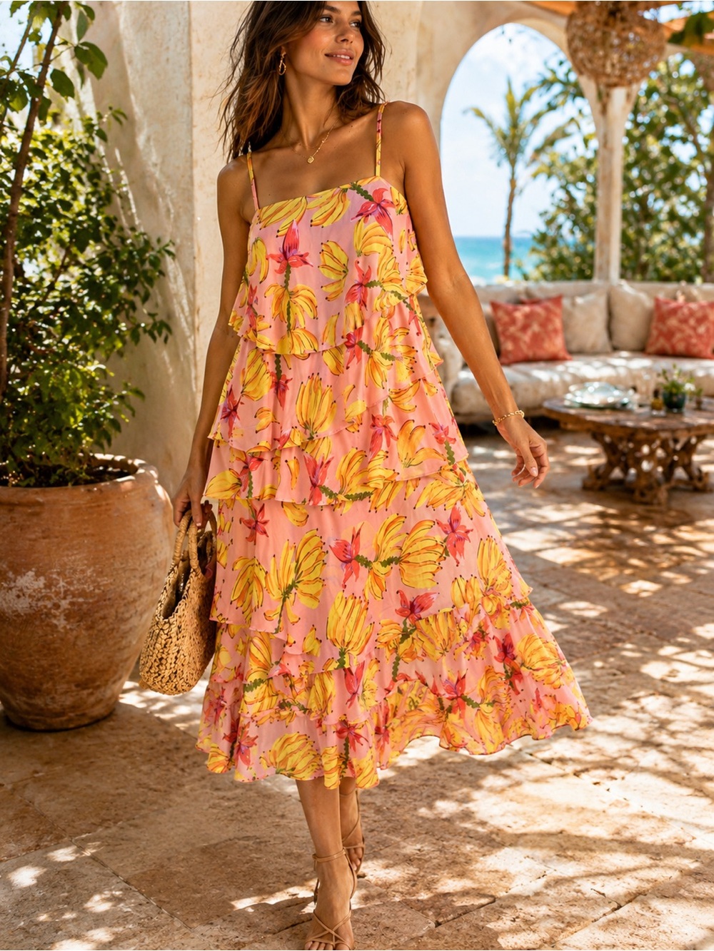 FARM Rio Banana Print Tiered Midi Dress Pink Yellow Resort XS